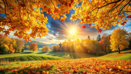Obraz premium vibrant autumn landscape featuring colorful foliage, golden sunlight, and serene meadow. scene captures beauty of nature during fall, evoking sense of tranquility and warmth