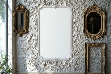 Elegant vintage wall with ornate frames showcasing intricate plasterwork.