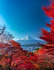 636947, 987636920, 987636867 - 元のファイル名 : Firefly 真っ赤に色づいた紅葉の森を越え、富士山がそびえる風景。青い空と秋の色が織りなすコントラストが透けて、秋の日本を代表する光景