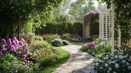 Fototapeta premium A peaceful English garden with a wildflower border, stone pathway, and a white trellis covered in vines, no people, no logo.