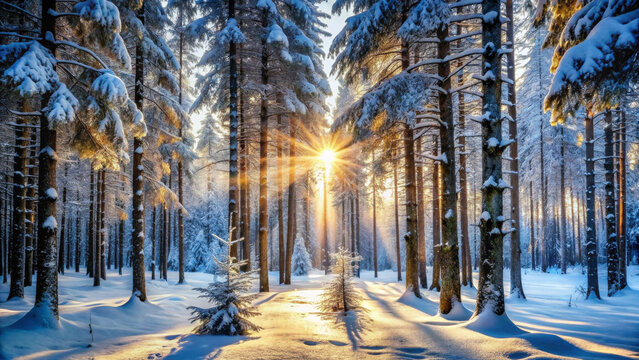 serene winter forest scene with snow covered trees and sunlight streaming through branches, creating magical atmosphere. beauty of nature is truly captivating