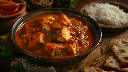 Close-up of a Delicious Indian Paneer Curry with Rice and Naan Bread