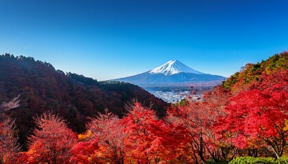 636947, 987636920, 987636867 - 元のファイル名 : Firefly 真っ赤に色づいた紅葉の森を越え、富士山がそびえる風景。青い空と秋の色が織りなすコントラストが透けて、秋の日本を代表する光景
