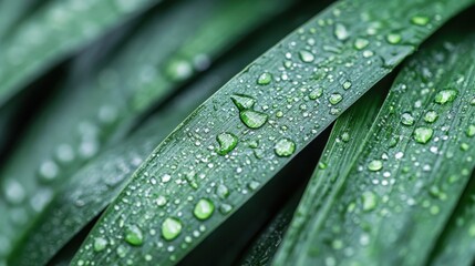 Naklejka premium A close-up of lush green foliage featuring narrow pointed leaves covered in dew, highlighting the intricacies of nature and the refreshing quality of fresh water droplets early in the morning.