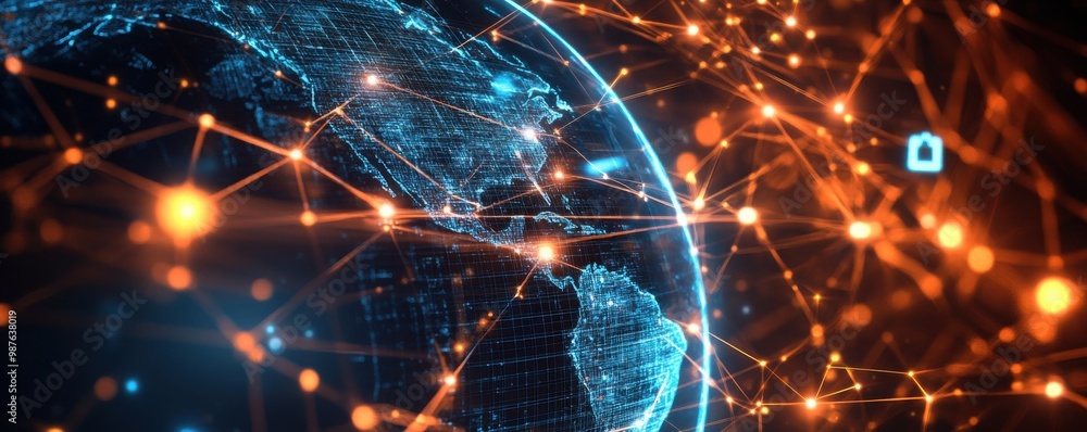 Poster digital illustration of earth with glowing network lines symbolizing global communication and connec