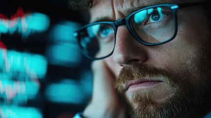 A financial analyst is deeply focused on reviewing fluctuating market data on screens, representing the intensity and concentration involved in financial market analysis.