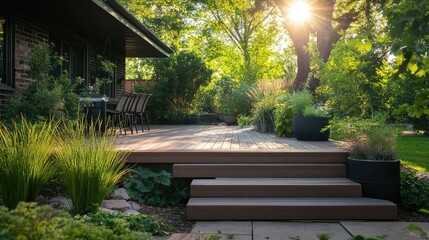Obraz premium A relaxing resort-style front yard featuring a shaded wooden deck, surrounded by greenery, no people, no logos.