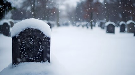 Serene snow covered graveyard with an untouched grave evoking a sense of remembrance mourning and solace in the silent contemplative landscape