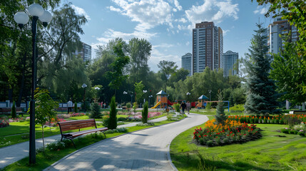 Naklejka premium Serene Urban Park with Paved Path and Lush Greenery