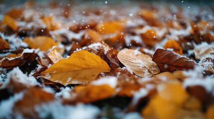 A close-up of vibrant autumn leaves on the ground, lightly dusted with the first snow of the season. The contrast between the warm, golden leaves and the cold, white snowflakes creates a visually
