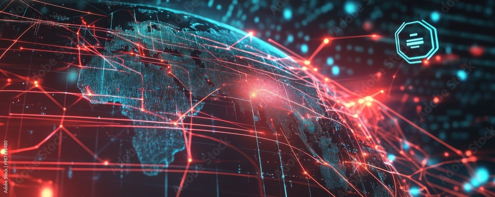 Poster digital illustration of the earth with glowing data lines and security icon representing global conn