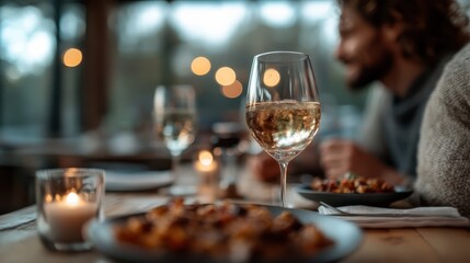 A charming scene of a table set for a cozy evening meal with a glass of wine and lit candles, providing a warm and inviting atmosphere.