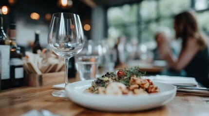 A detailed shot of an empty wine glass next to an exquisite plate of gourmet food in a modern restaurant setting, with people blurred in the background.