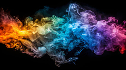 Fototapeta premium Colorful smoke swirls gracefully against black background, creating mesmerizing abstract display. vibrant hues blend seamlessly, evoking sense of fluidity and creativity