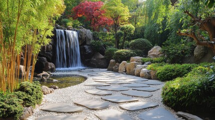 A serene Chinese garden featuring a stone pathway, a small waterfall, and bamboo plants, no people, no logo.