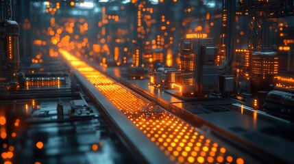 Futuristic Cityscape with Glowing Orange Lights