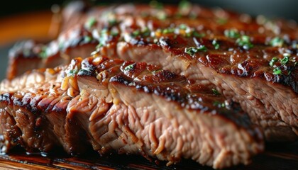 juicy medium-rare grilled beef, sliced and overflowing with fat on it