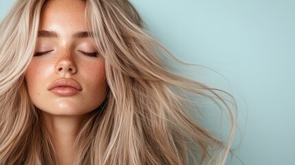 Fototapeta premium A serene close-up of a woman with long flowing hair and a peaceful expression, exemplifying calm and elegance in an airy, light-filled environment.