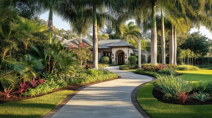 Fototapeta premium A serene front yard with resort-style landscaping, shaded by tall palm trees and surrounded by tropical plants, no people, no logos.