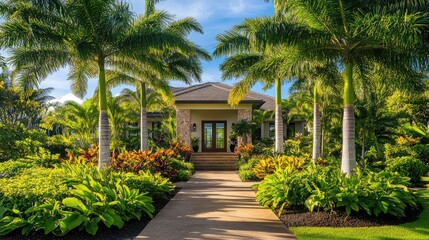 A serene front yard with resort-style landscaping, shaded by tall palm trees and surrounded by tropical plants, no people, no logos.