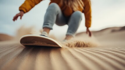 A person active in sandboarding charges down a sandy slope, sand scattering beneath the board. The dynamic action and motion signify excitement and energy.
