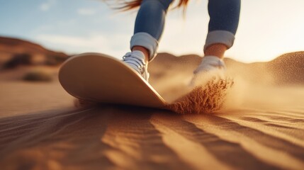 A close-up shot captures a person sandboarding across the desert sands, the motion creating a dynamic splash of sand particles. The image is exhilarating and adventurous.
