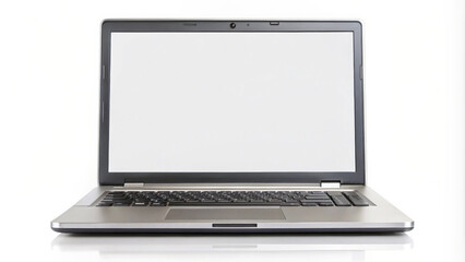 sleek laptop with blank screen sits isolated against white background, perfect for showcasing digital content or presentations. Its modern design and clean lines make it ideal choice for tech