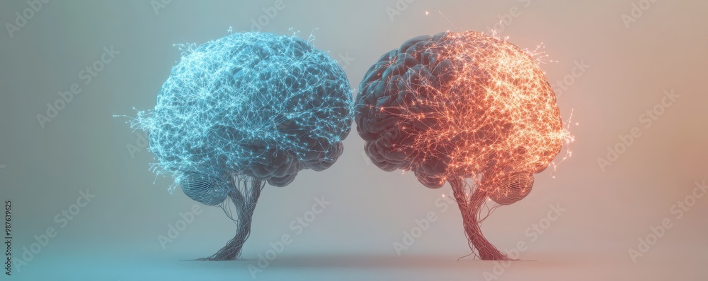 Poster digital illustration of two interconnected brains represented as trees with glowing neural networks