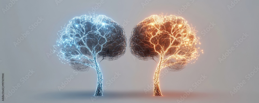 Poster digital illustration of two connected brains with blue and orange neural networks symbolizing commun