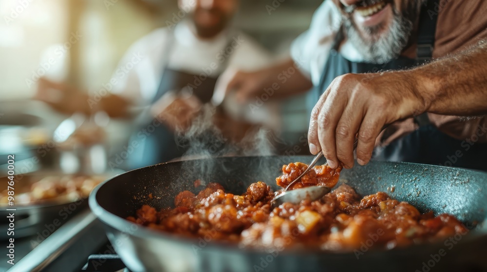 Wall mural two chefs working together in a lively kitchen, cooking a savory and flavorful dish in a large pan, 