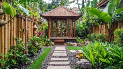 A tranquil Balinese front yard with a wooden pagoda, bamboo fences, and tropical greenery, no people, no logo.