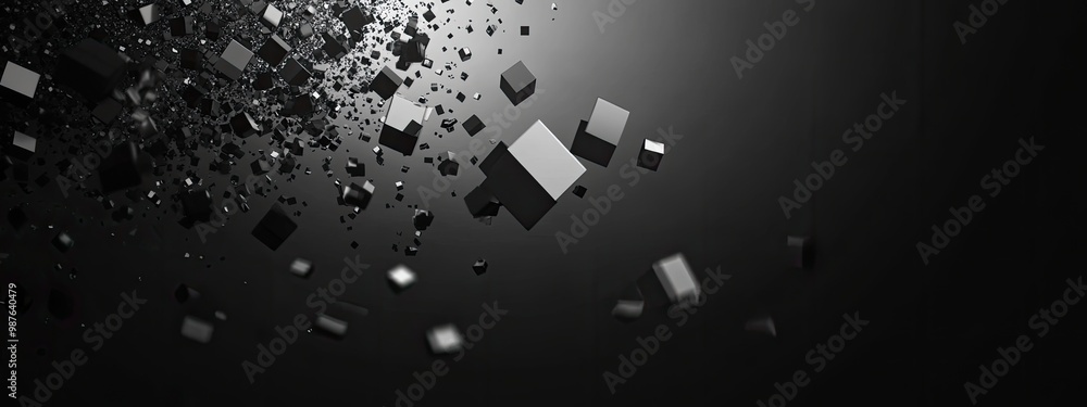 Poster abstract composition of floating black cubes against a gradient background.