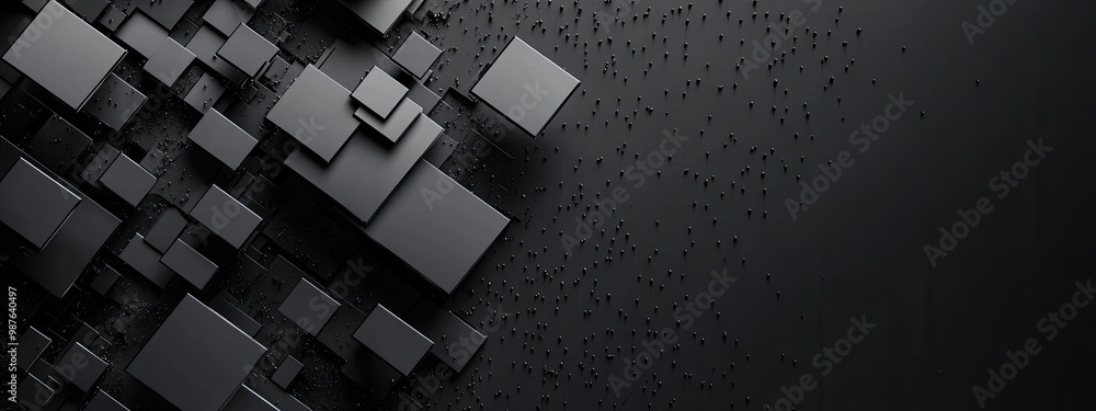 Poster abstract composition of black cubes and dots on a dark background.