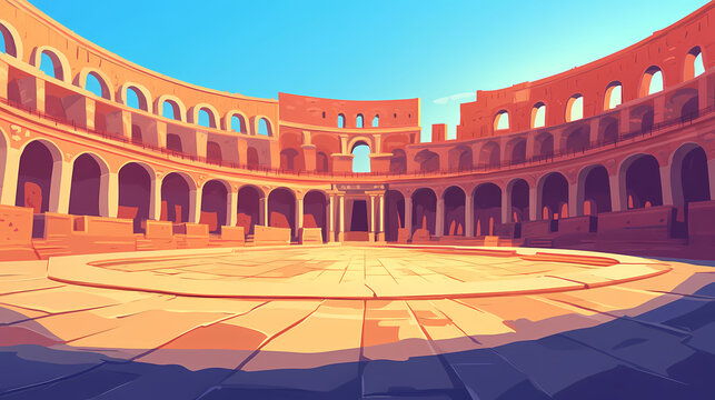 Roman arena for gladiators fighting. modern cartoon illustration of empty coliseum amphitheater. historical fighting arena for traditional shows. Ancient Rome Gladiator. Illustration