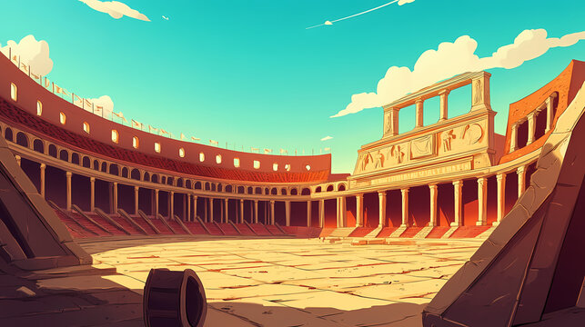 Roman arena for gladiators fighting. modern cartoon illustration of empty coliseum amphitheater. historical fighting arena for traditional shows. Ancient Rome Gladiator. Illustration