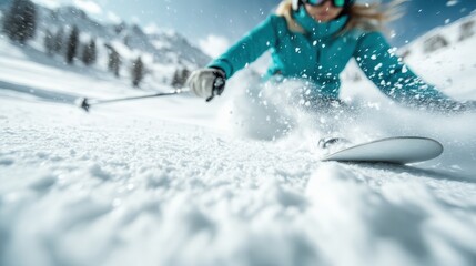 Close-up shot capturing the dynamic movement of a skier in action carving through fresh snow, highlighting the energy and skill required in alpine skiing.