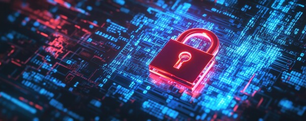 Digital security concept with glowing lock symbol and binary code in a cyber tunnel representing data protection and cybersecurity