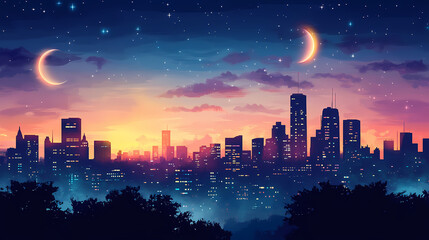 Night over the city background with a beautiful skyline. City at Night. Illustration