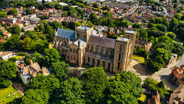 Aerial View of a Majestic Cathedral Surrounded by Nature in Ripon, North Yorkshire, UK