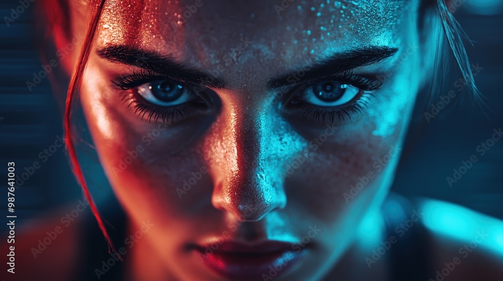 Poster a visually striking image with two people standing against a backdrop of vibrant neon lights, creati