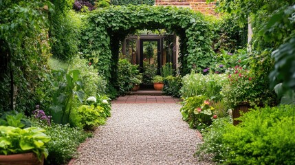 An inviting English front yard garden with a gravel path leading to a vine-covered archway, surrounded by lush greenery, no people, no logo.