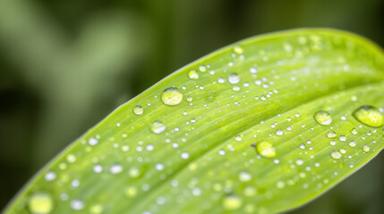  a close-up of a vibrant green leaf with water droplets delicately resting on its surface, highlighting the intricate details and natural beauty of the droplets and leaf texture.