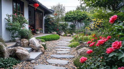 Chinese-style front yard garden with decorative rocks, a stone path, and blooming peonies, no people, no logo.