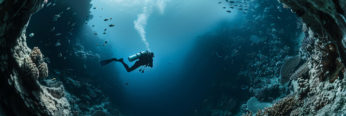 A 3D marine biologist swimming with fish through a coral reef-shaped portal on the bottom. with top blank copy space. 