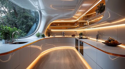Fototapeta premium A sleek, futuristic kitchen featuring seamless white countertops, smart touch panels, and integrated LED lighting along the cabinets