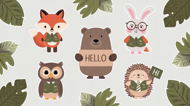 ungle animal stickers: fox, bear, rabbit, owl, hedgehog, cute design on white background.