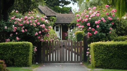 Obraz premium English country front yard featuring a quaint wooden gate, blooming roses, and neatly trimmed hedges, no people, no logo.