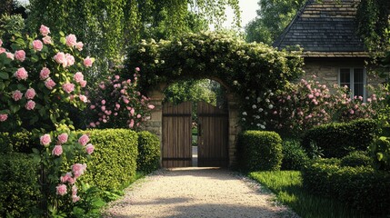 English country front yard featuring a quaint wooden gate, blooming roses, and neatly trimmed hedges, no people, no logo.