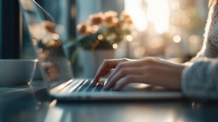 A woman working attentively on a laptop in a bright, sunlit environment with flowers in the background, suggesting a harmonious blend of work and nature in a tranquil setting.