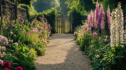 English country garden with a gravel path lined with hollyhocks, roses, and foxgloves, leading to a rustic gate, no people, no logo.